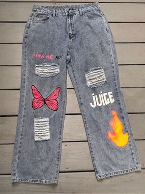SHEIN Y2K Distressed Graphic Jeans Butterfly Flame Wide Leg XL